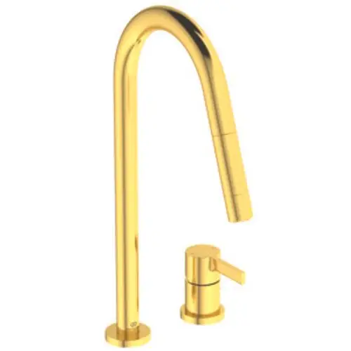 Schwenkbarer Küchenwasserhahn in glänzendem Goldfinish von Ideal Standard. Zwei Teile, mit separater Bedienung für Wasser und Brause.
